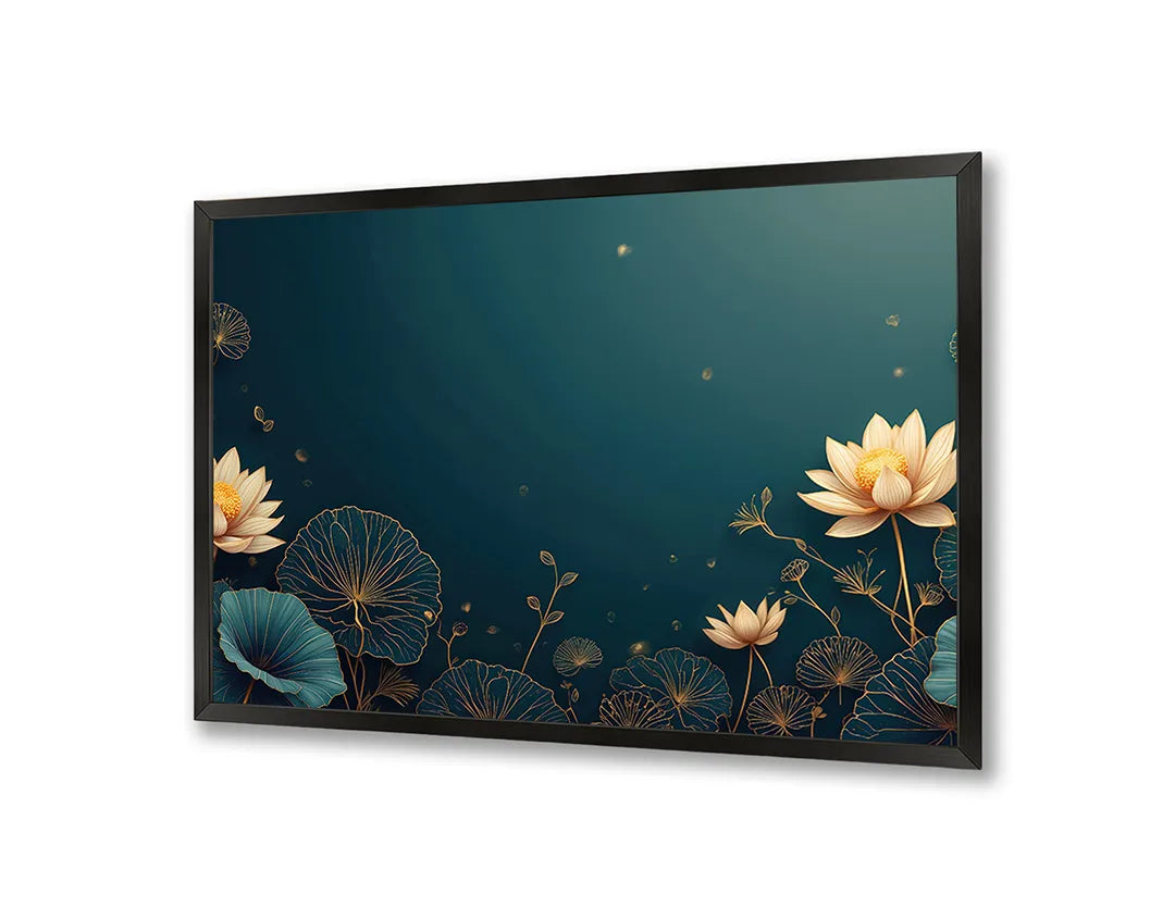 Metalen Magneetbord met hoogwaardige afbeelding van Gouden lotusbloemen blauw voor aan de muur