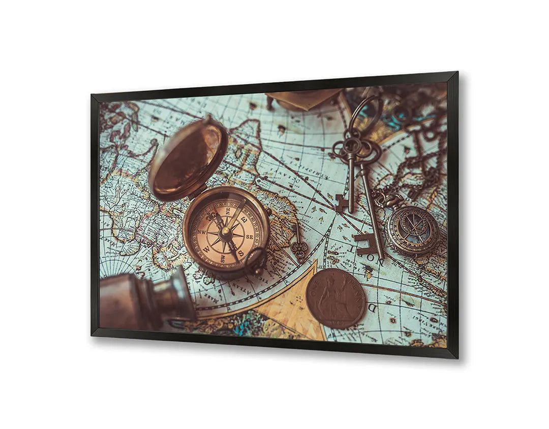 Metalen Magneetbord met afbeelding van vintage wereldkaart met oude kompassen in klassiek sepia kleuren
