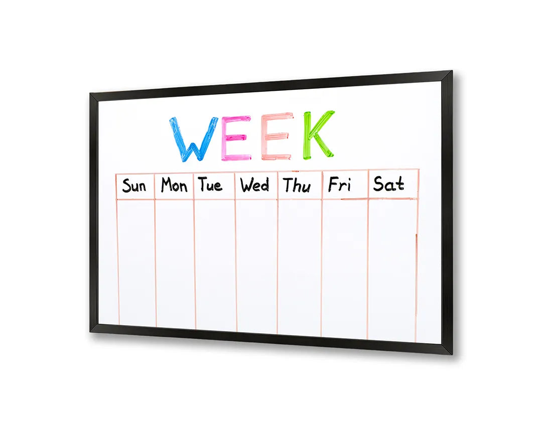 Metalen Magneetbord met afbeelding van kleurrijke weekplanner in regenboog accenten op wit kleuren