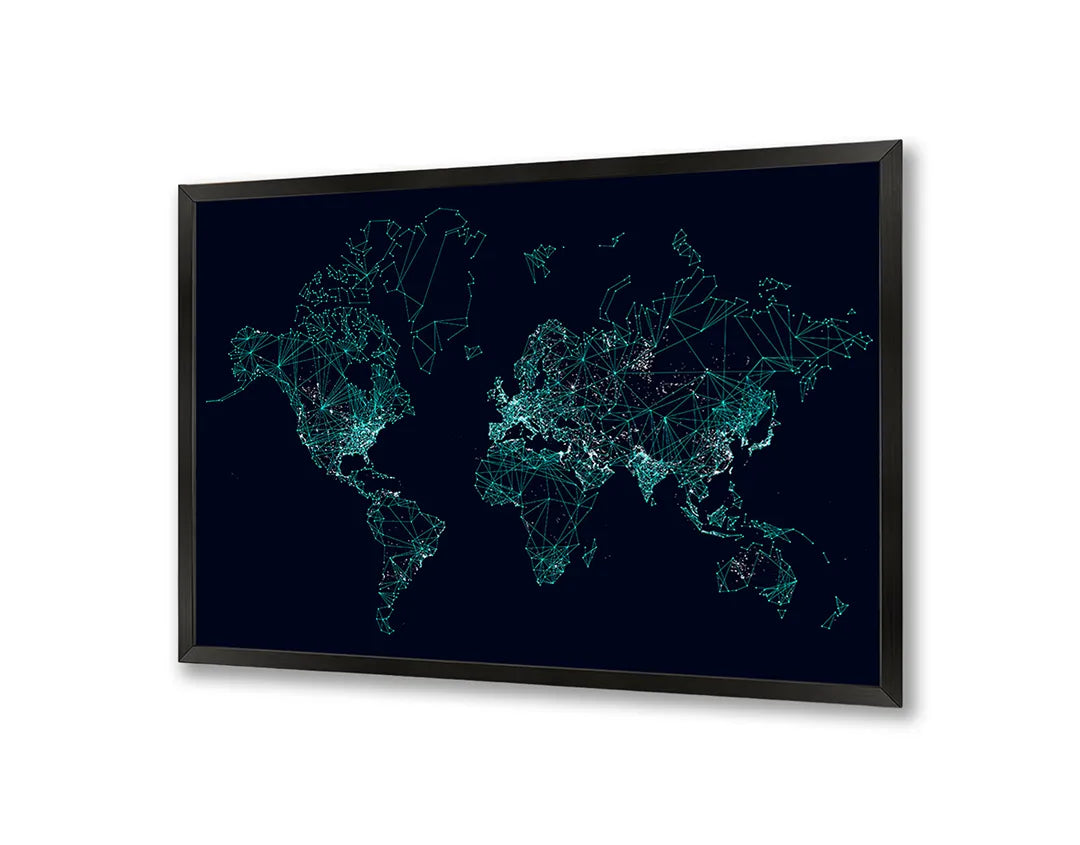Metalen Magneetbord met afbeelding van blauwe lichtgevende wereldkaart stippen in donker met neon blauw kleuren