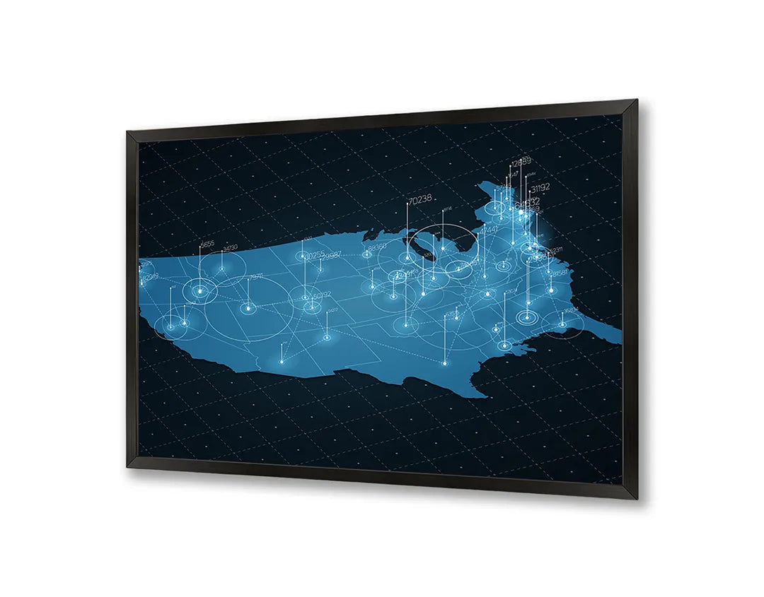 Metalen Magneetbord met afbeelding van USA landkaart met lichtnetwerk in blauw op donker kleuren