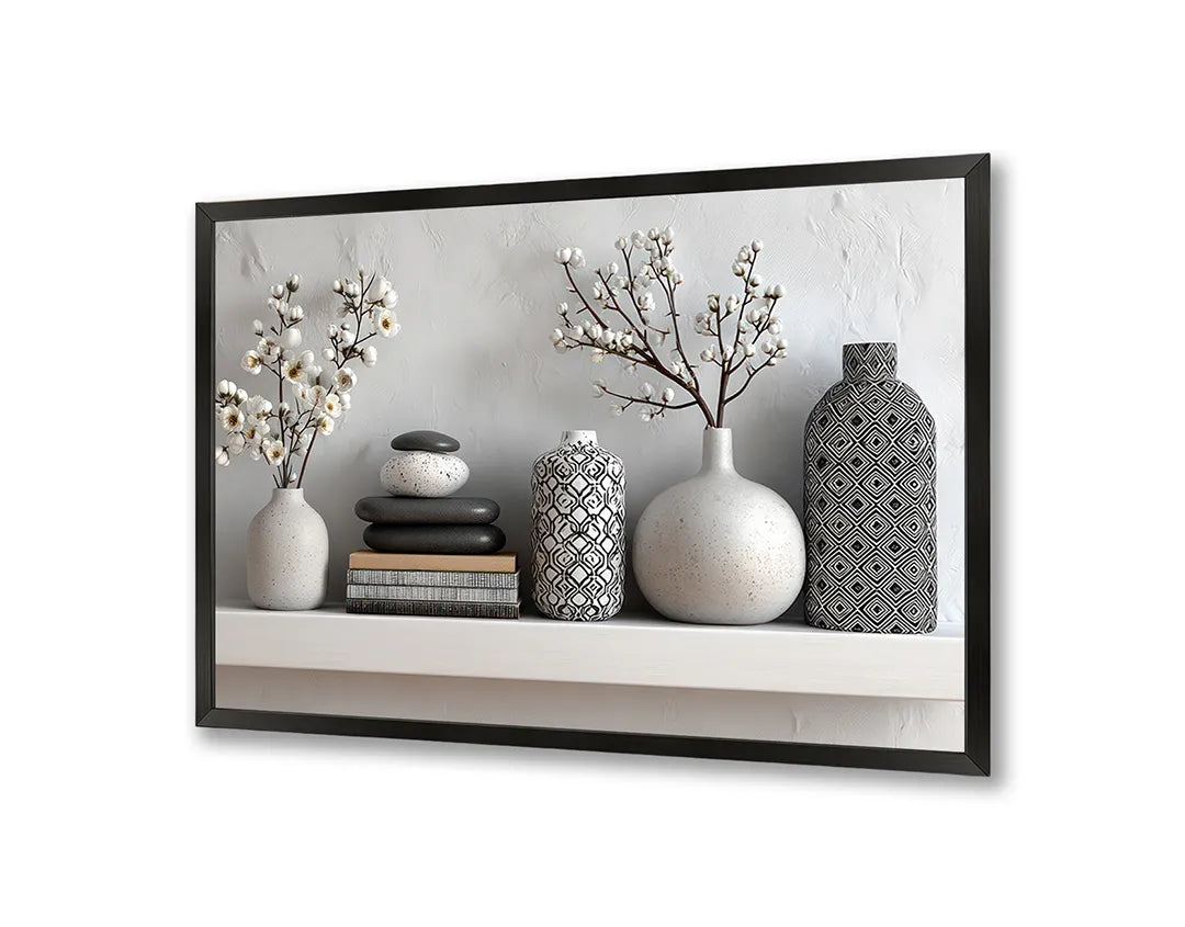 Metalen Magneetbord met hoogwaardige afbeelding van Vazen met planten op plank interieur voor aan de muur