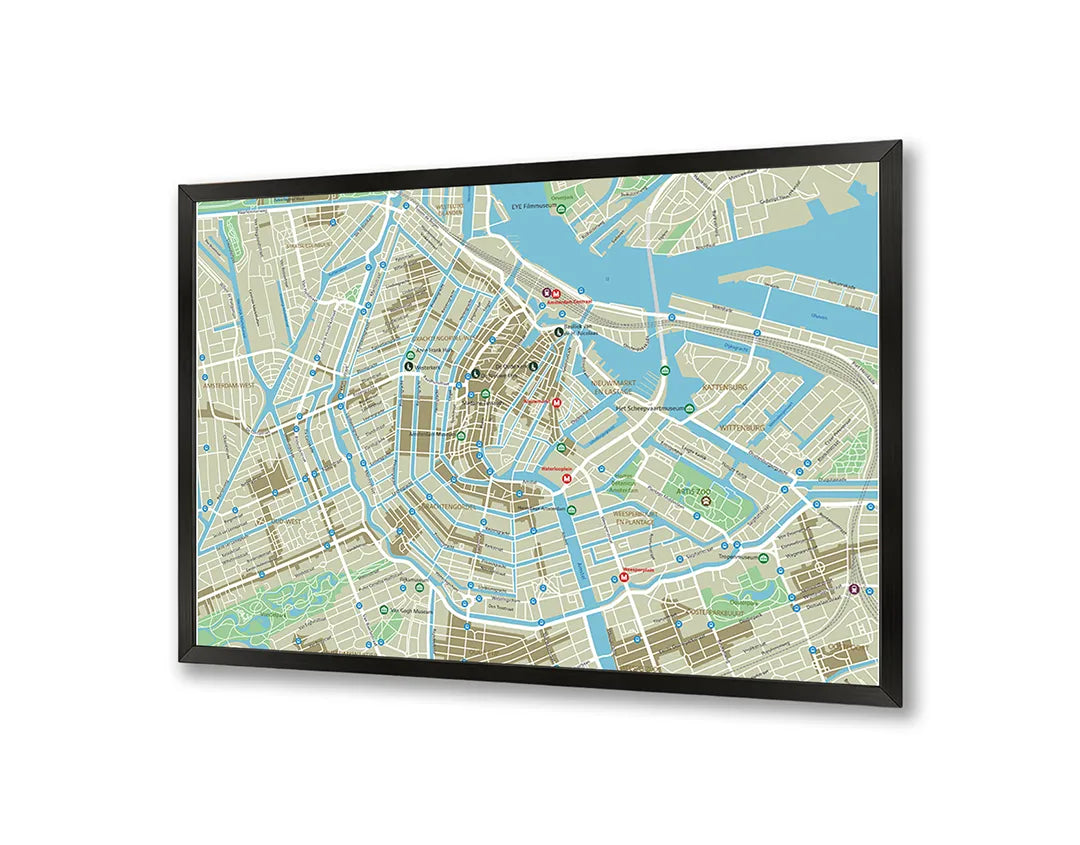 Metalen Magneetbord met afbeelding van gedetailleerde stadskaart van Amsterdam in lichte kaartkleuren kleuren