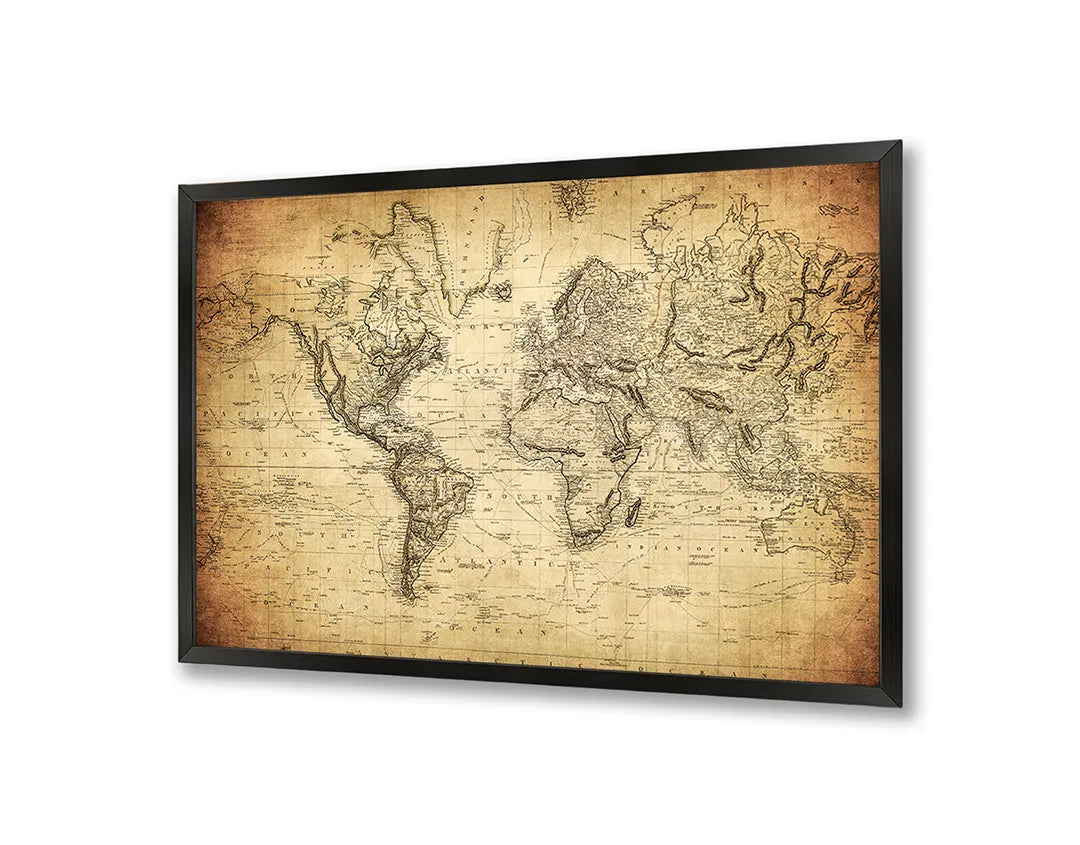 Metalen Magneetbord met afbeelding van oude wereldkaart met textuur in verweerd beige kleuren