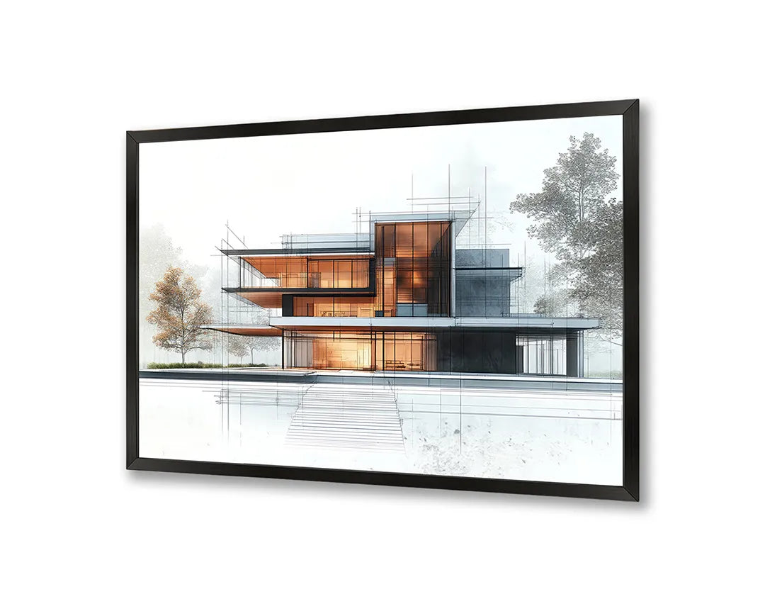 Metalen Magneetbord met hoogwaardige afbeelding van Modern huis architectuur waterkant voor aan de muur