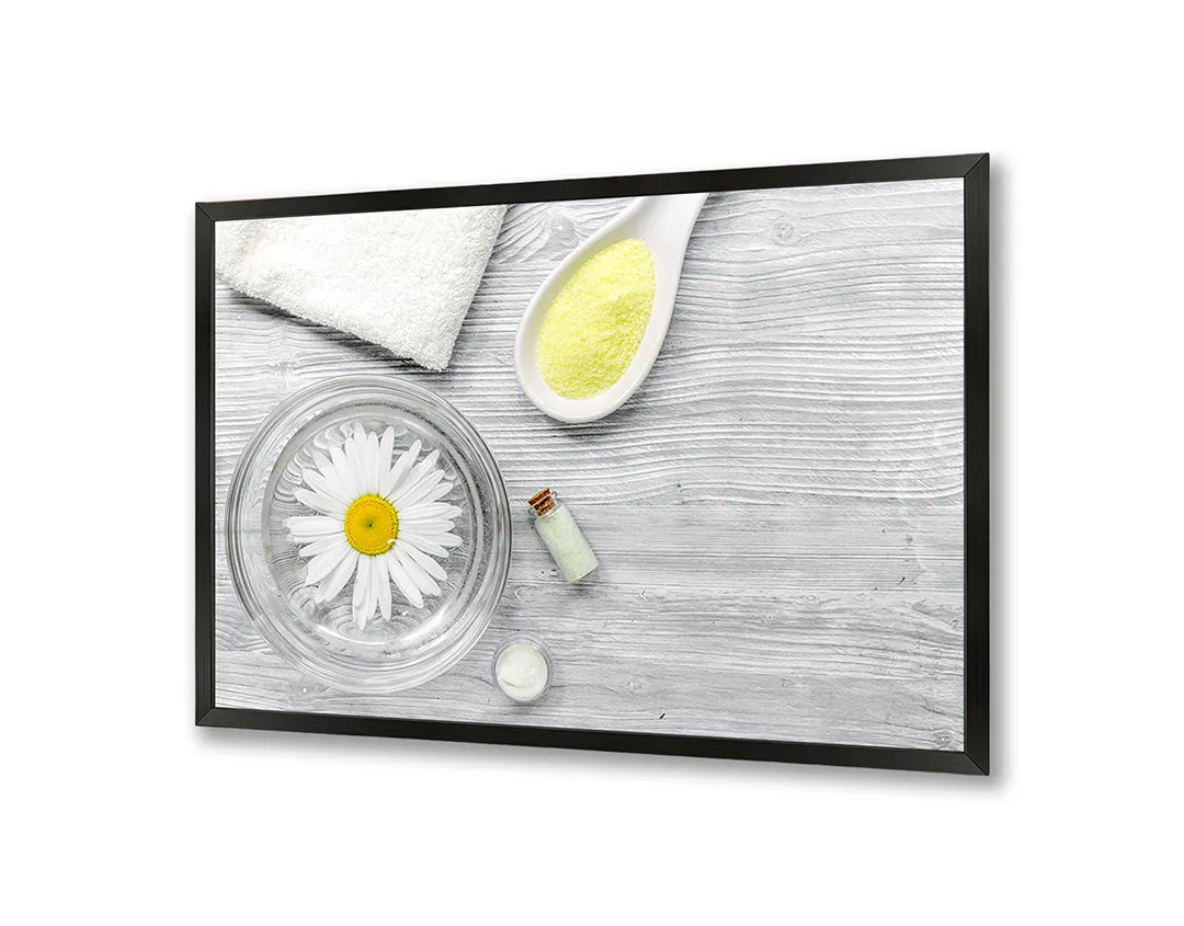 Metalen Magneetbord met afbeelding van spa elementen met witte bloemen in fris wit kleuren