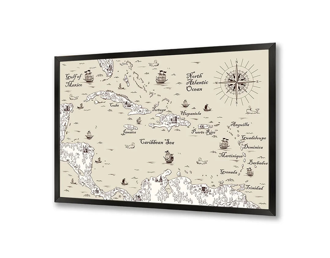 Metalen Magneetbord met afbeelding van nautische historische landkaart met schepen in klassiek perkament kleuren