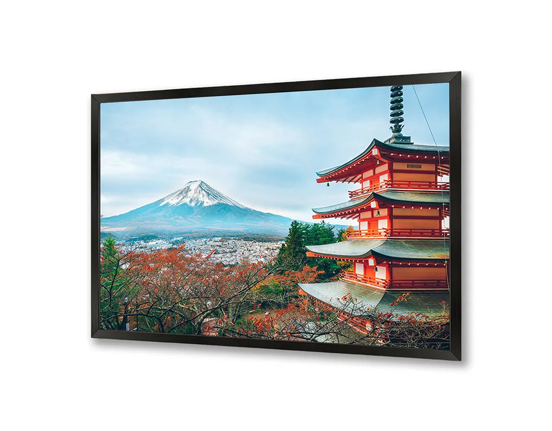 Metalen Magneetbord met afbeelding van Mount Fuji en pagode in de herfst in rood en blauw kleuren