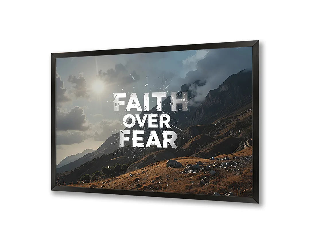 Metalen Magneetbord met hoogwaardige afbeelding van Faith over fear bergen landschap voor aan de muur