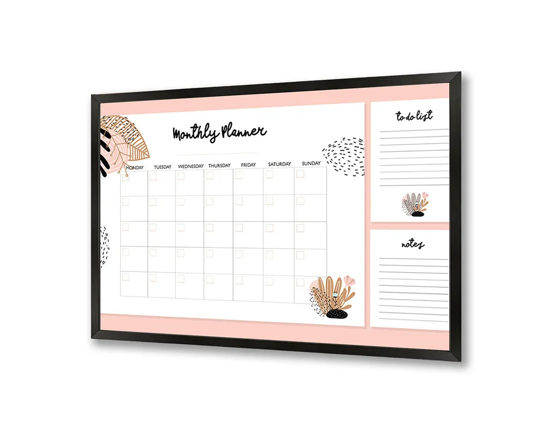 Metalen Magneetbord met afbeelding van roze en witte maandplanner in zacht roze kleuren