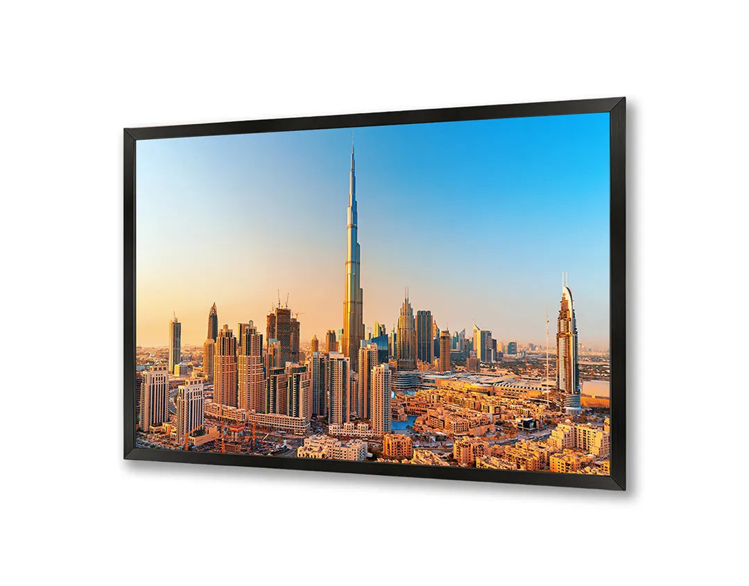 Metalen Magneetbord met afbeelding van Dubai skyline bij zonsondergang in warm goud kleuren