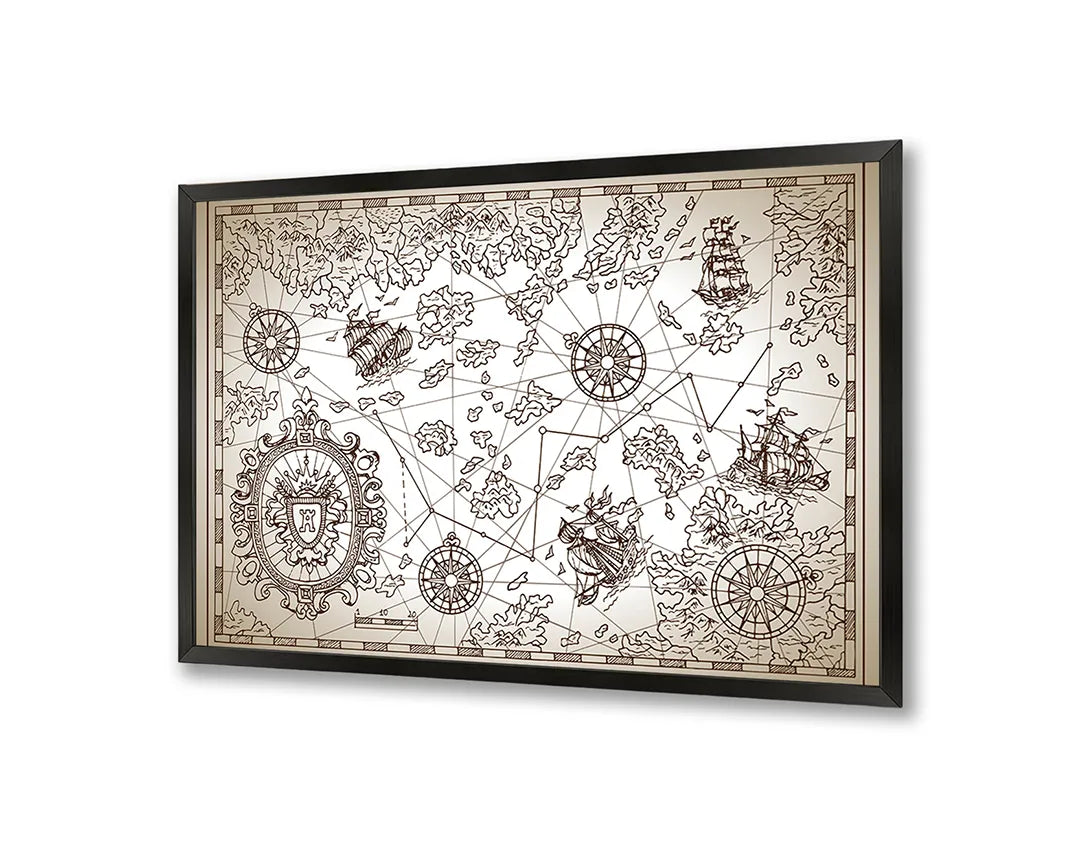 Metalen Magneetbord met afbeelding van tekeningen van piratenkaart elementen in sepia en bruin kleuren