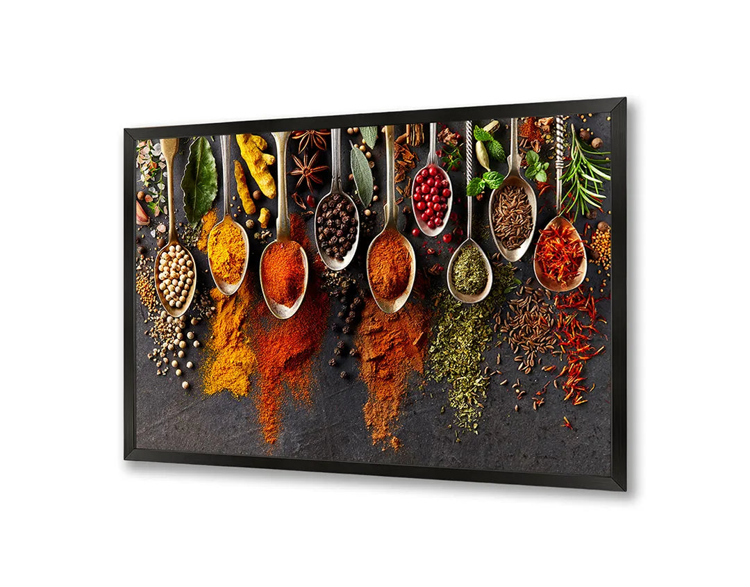 Metalen Magneetbord met afbeelding van lepels met felgekleurde specerijen in kruidige kleuren kleuren