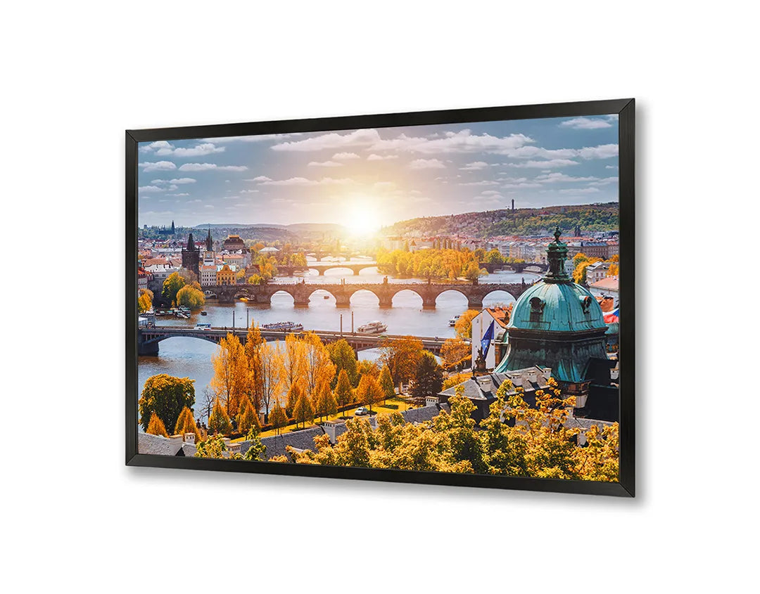 Metalen Magneetbord met afbeelding van zonsondergang over een brug in Praag in warm stadslicht kleuren