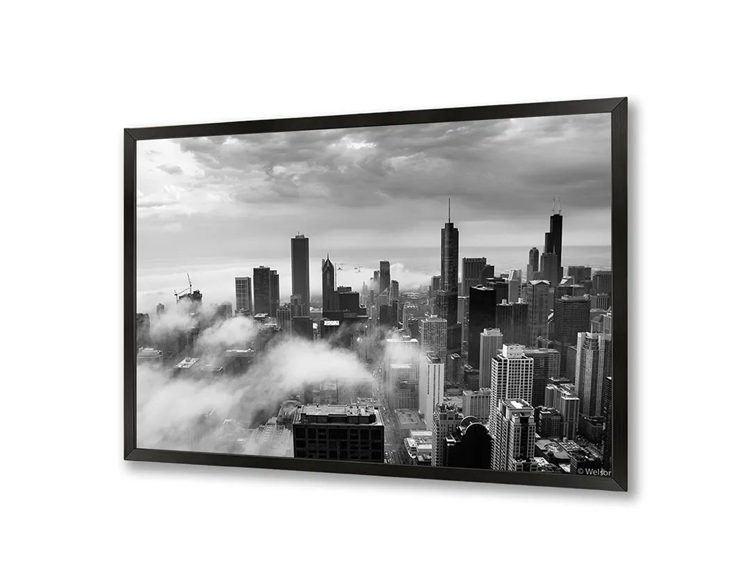 Metalen Magneetbord met afbeelding van New York skyline boven de wolken in zwart-wit kleuren