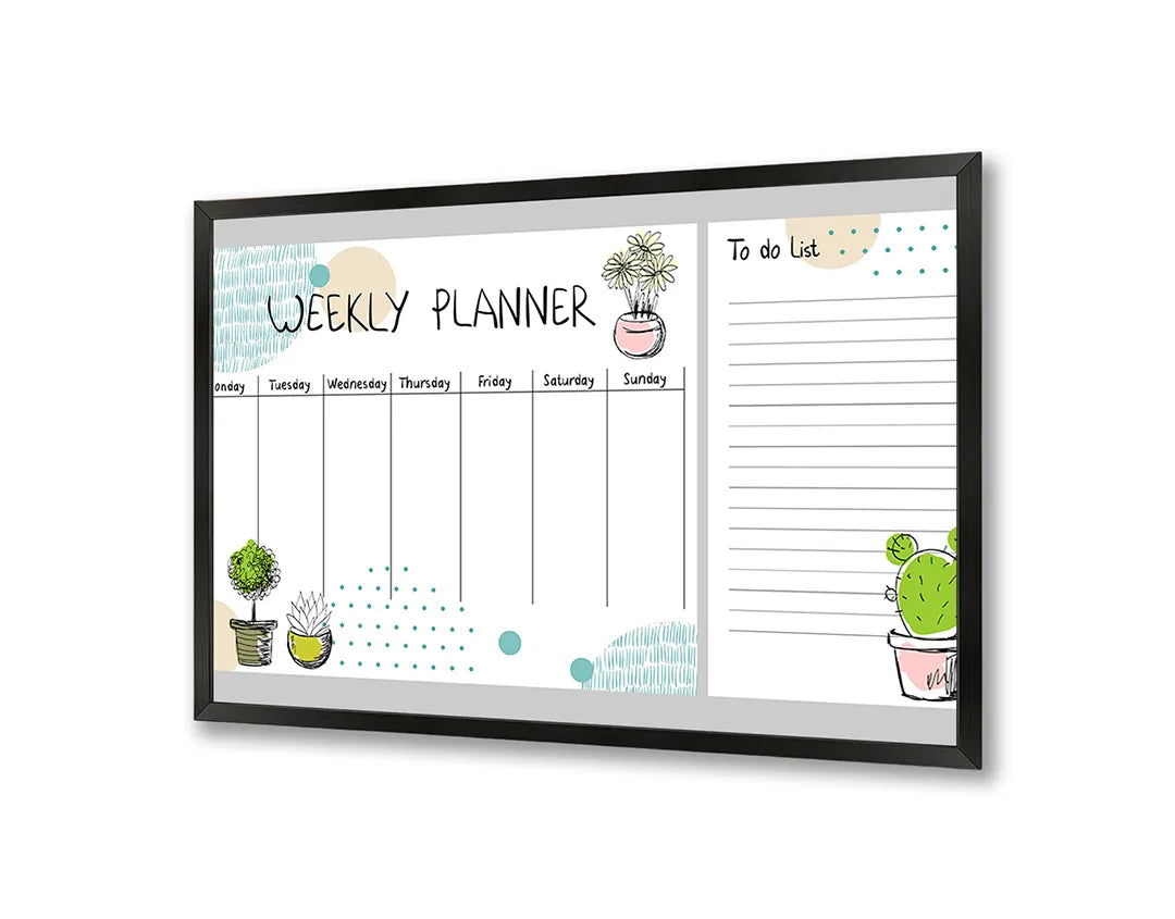 Metalen Magneetbord met afbeelding van weekplanner met schattige cactussen in wit met pastel groen kleuren