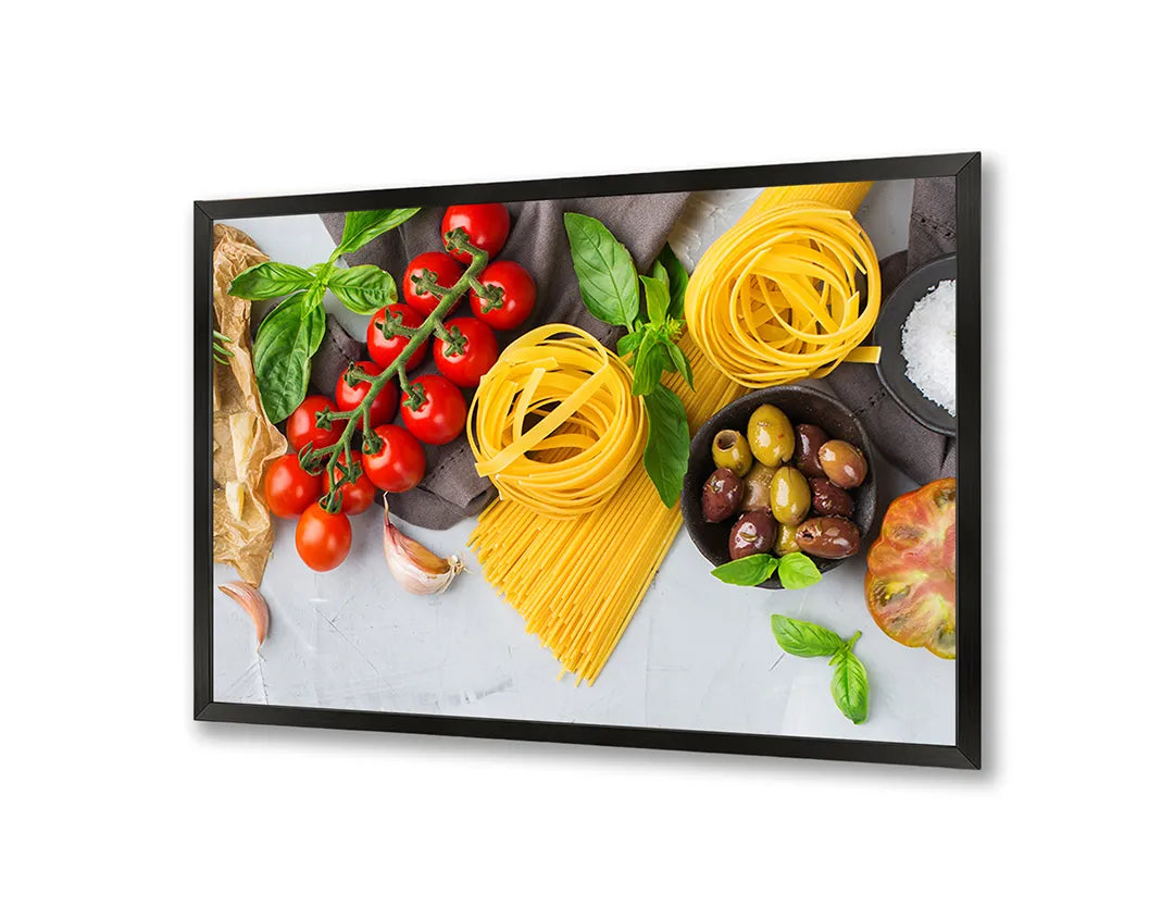 Metalen Magneetbord met afbeelding van pasta ingrediënten en tomaten in vers rood en geel kleuren
