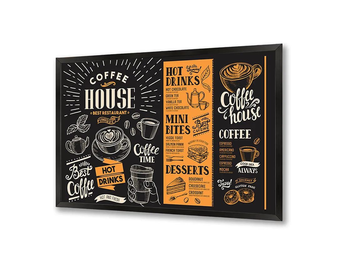 Metalen Magneetbord met afbeelding van koffiehuis krijtbord menu in zwart en oranje kleuren