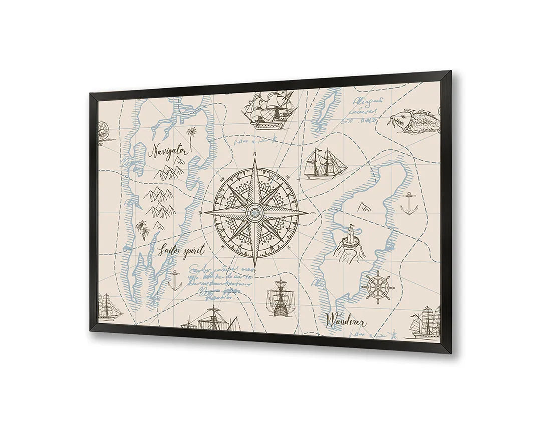 Metalen Magneetbord met afbeelding van vintage maritiem kompas met kaart in oud perkament kleuren