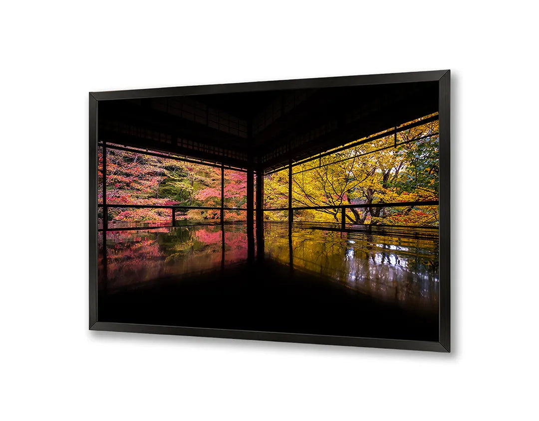 Metalen Magneetbord met afbeelding van herfstbomen gereflecteerd in het water in herfstkleuren kleuren