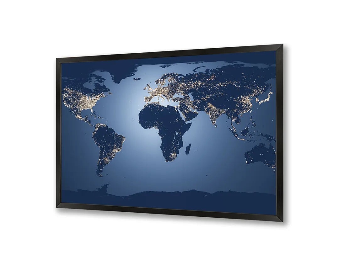 Metalen Magneetbord met afbeelding van nachtkaart van de aarde met lichtjes in nachtblauw kleuren