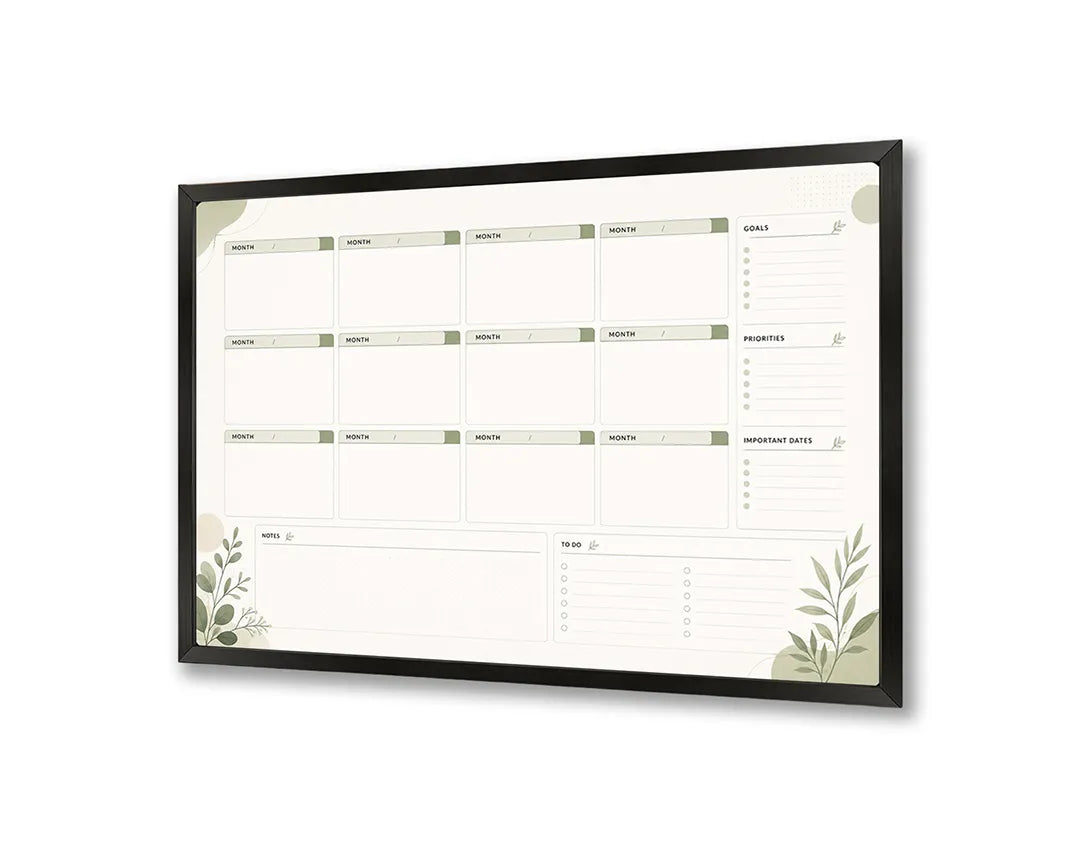 Metalen Magneetbord met overzichtelijke strakke planner omlijst door elegante groene botanische randen