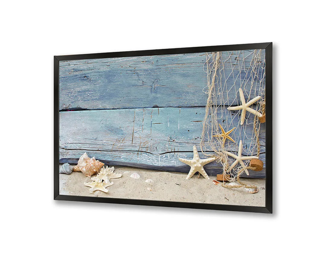 Metalen Magneetbord met prachtige zeesterren op een authentiek verweerde en rustieke blauwe houten planken achtergrond