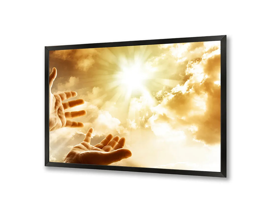 Metalen Magneetbord met afbeelding van handen reikend naar de zon in goud en geel kleuren