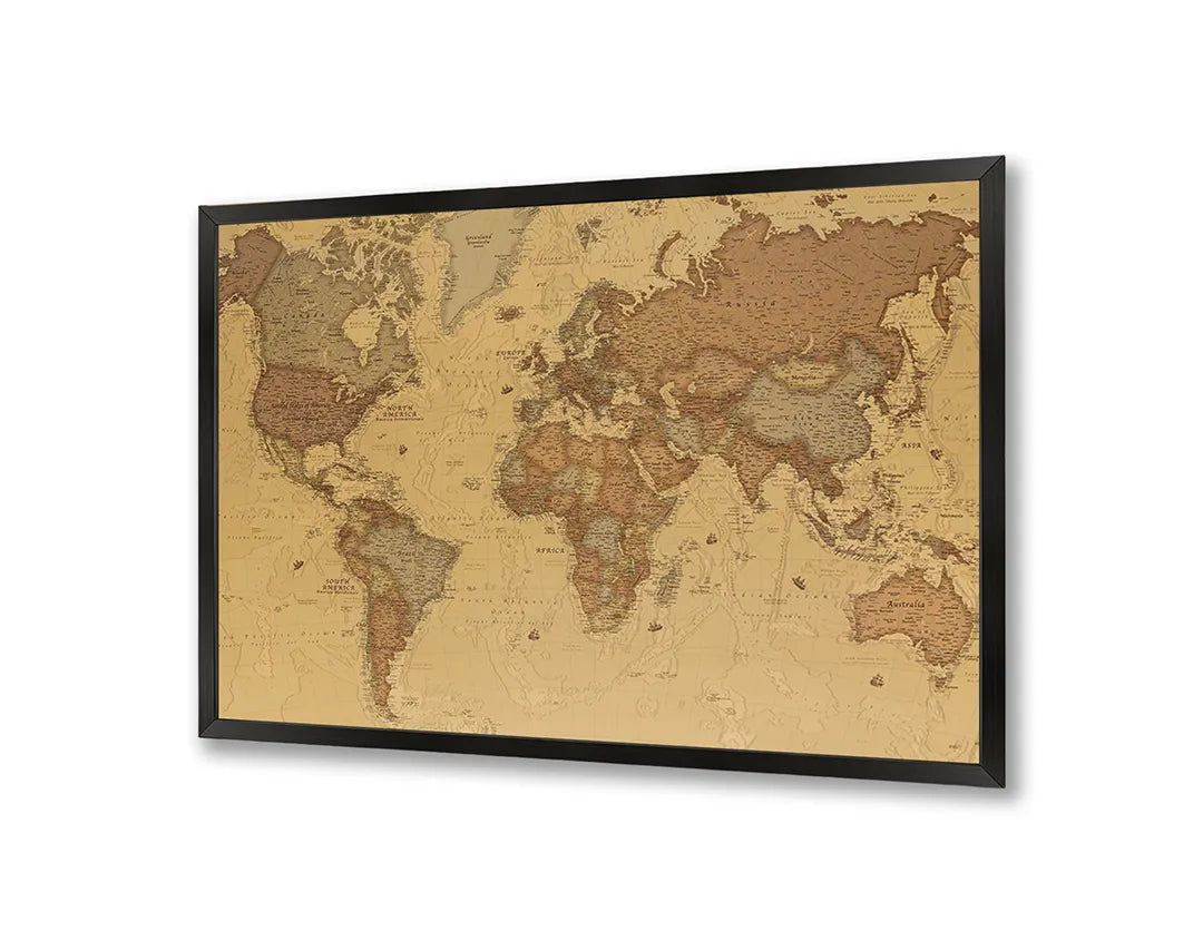 Metalen Magneetbord met afbeelding van klassieke wereldkaart in warm bruin kleuren
