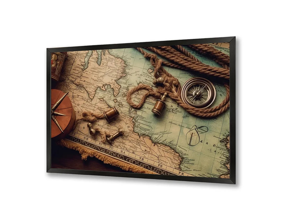 Metalen Magneetbord met print van Wereldkaart hout kompas perfect als decoratie
