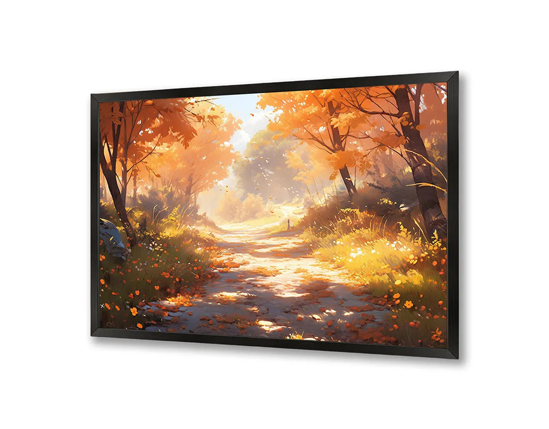 Metalen Magneetbord met print van Herfstbos pad zonsondergang perfect als decoratie