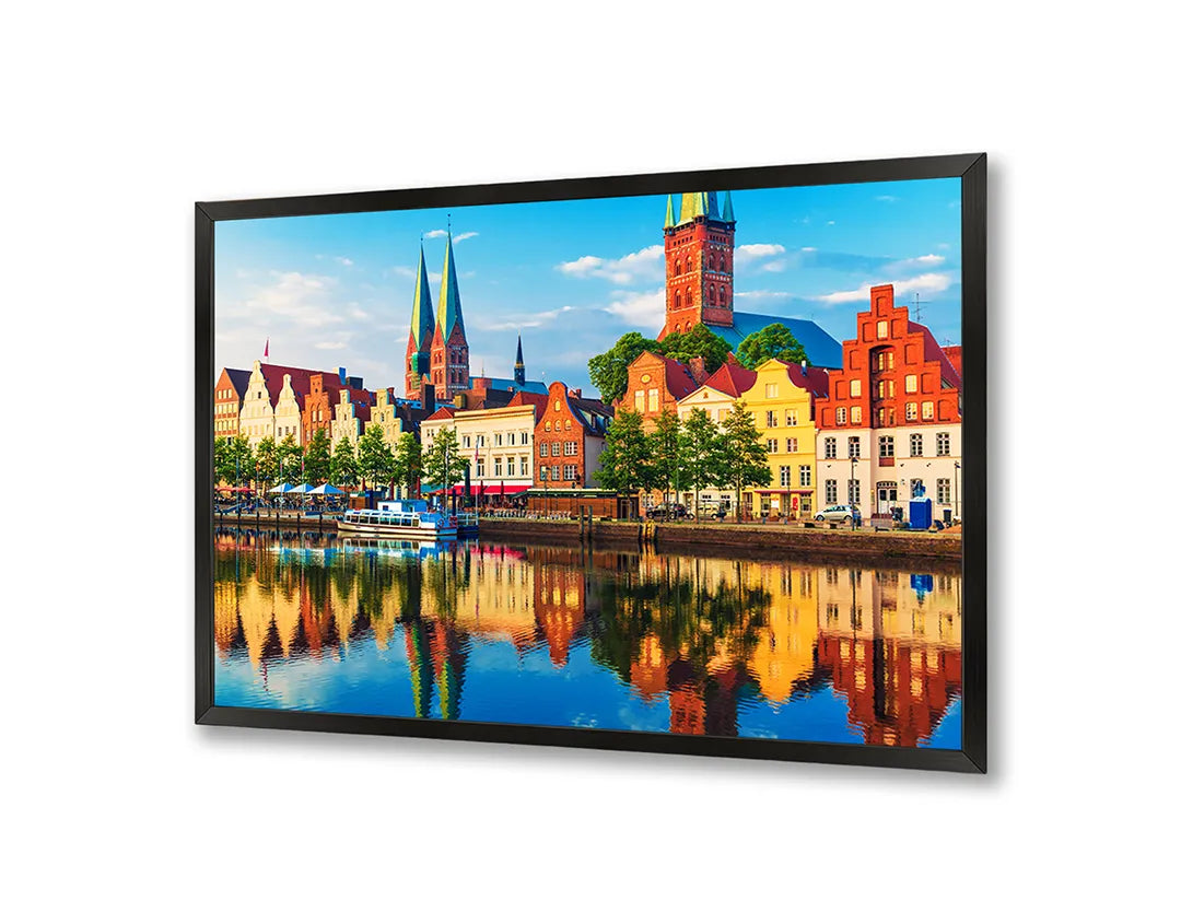Metalen Magneetbord met afbeelding van gekleurde Amsterdamse grachtenpanden in vrolijke kleuren kleuren