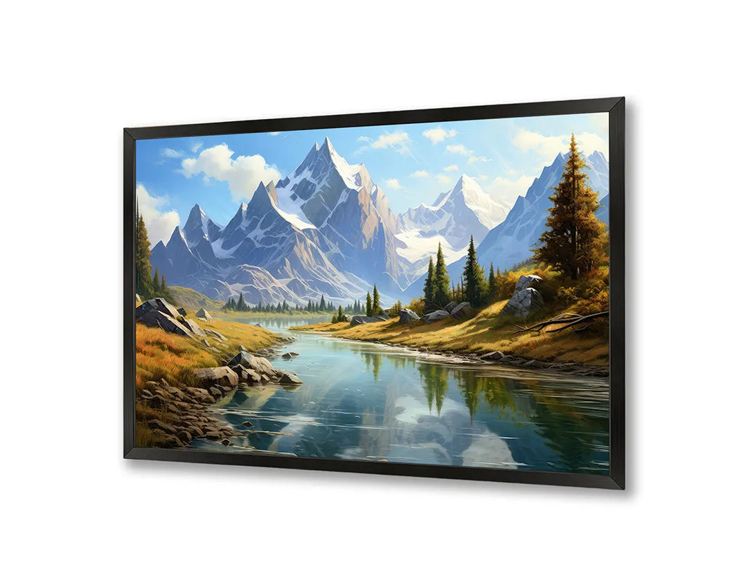 Metalen Magneetbord met print van Besneeuwde bergen en rivier perfect als decoratie