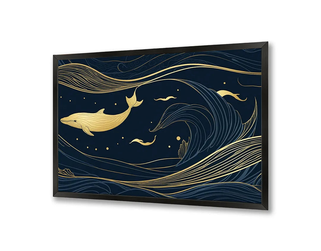 Metalen Magneetbord met print van Walvis illustratie goud op blauw perfect als decoratie