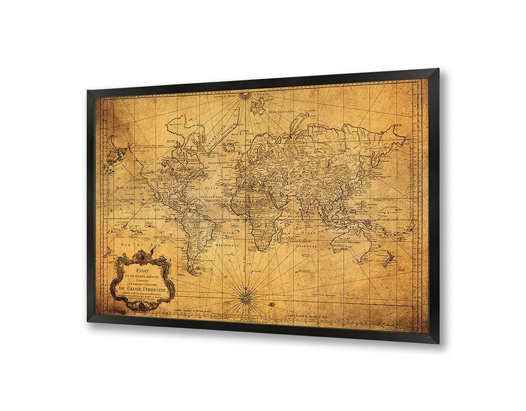 Metalen Magneetbord met afbeelding van verweerde vintage wereldkaart in geel en bruin kleuren