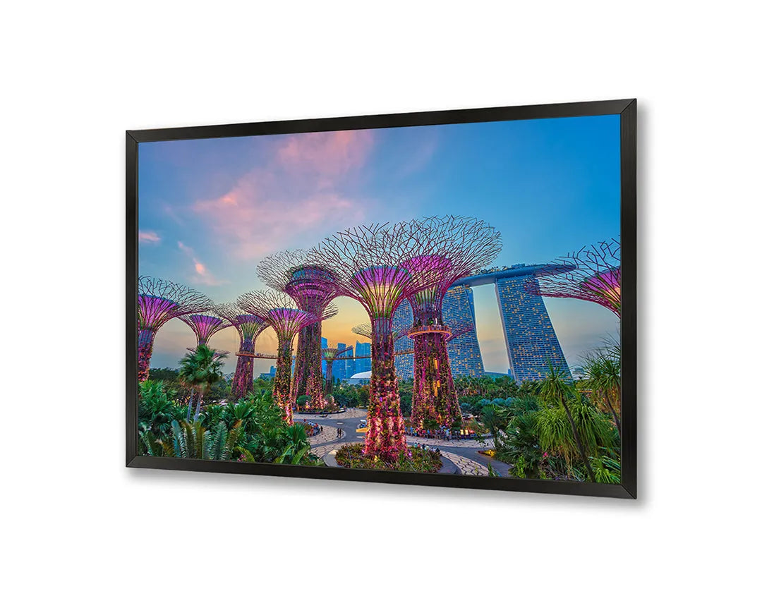 Metalen Magneetbord met afbeelding van Singapore Gardens by the Bay bij nacht in paars en blauw neon kleuren