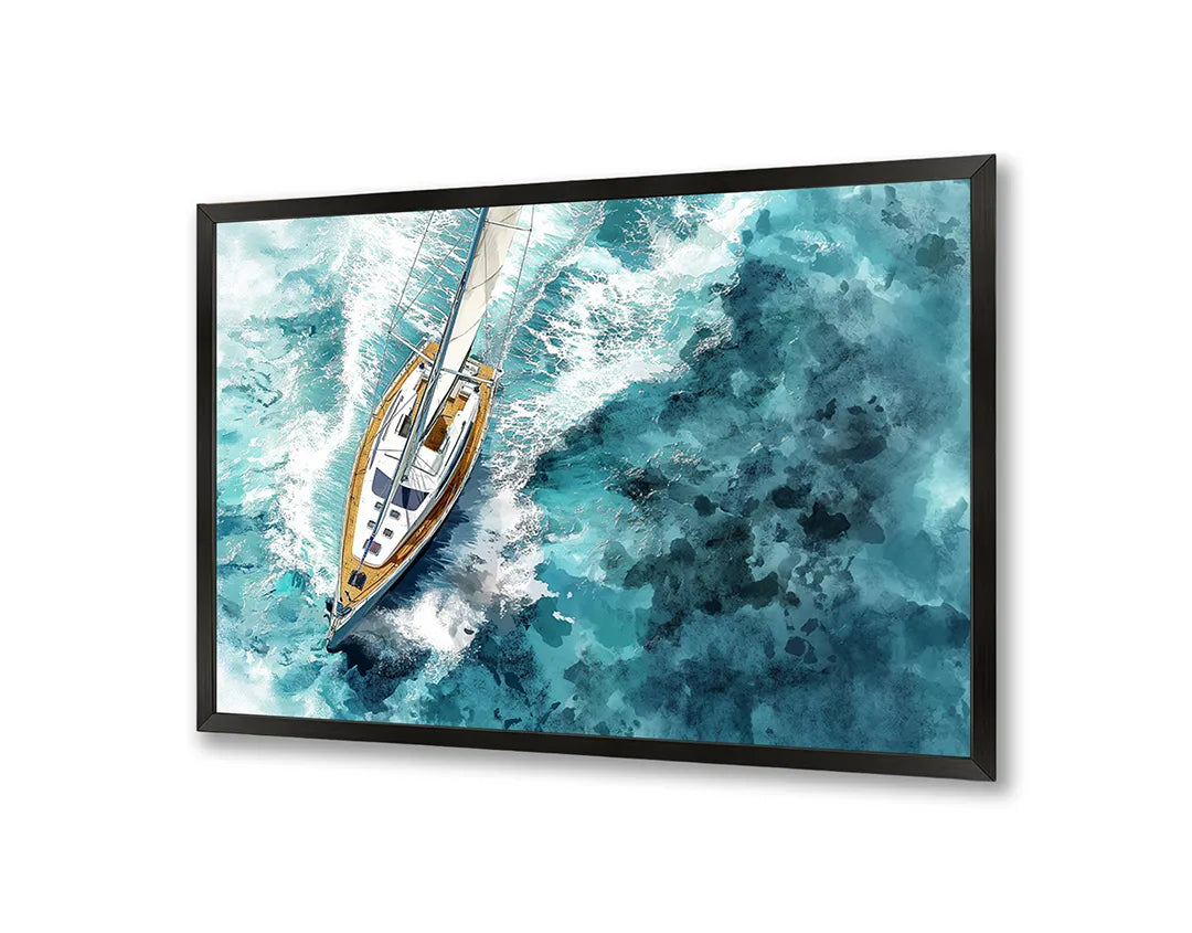 Metalen Magneetbord met hoogwaardige afbeelding van Bootje van bovenaf oceaan voor aan de muur