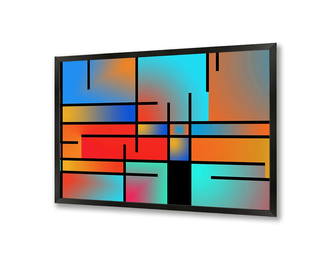 Metalen Magneetbord met afbeelding van abstracte Mondriaan stijl vlakken in rood, geel, blauw, zwart kleuren