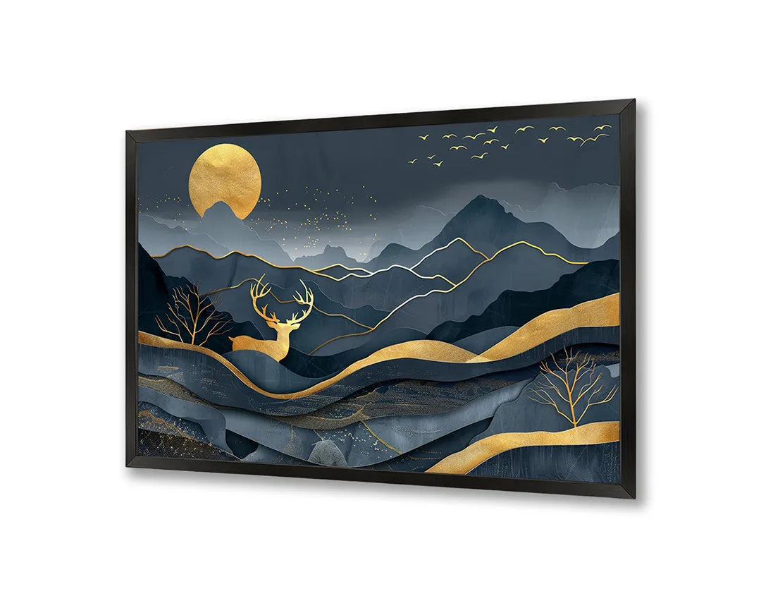 Metalen Magneetbord met hoogwaardige afbeelding van Gouden hert in bergen donkerblauw voor aan de muur