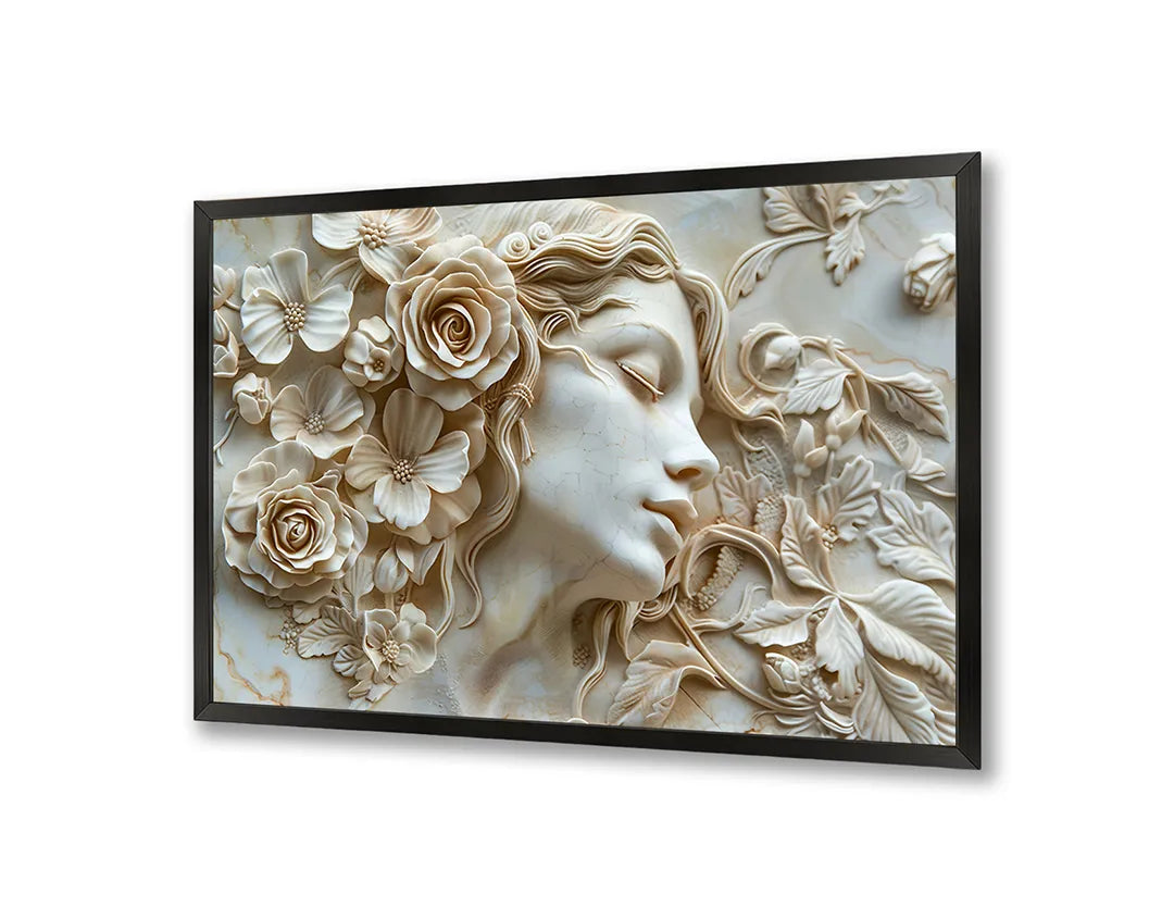 Metalen Magneetbord met hoogwaardige afbeelding van Vrouwengezicht bloemen relief wit voor aan de muur