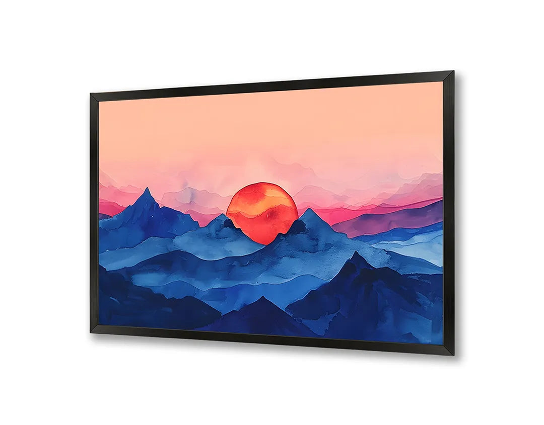 Metalen Magneetbord met hoogwaardige afbeelding van Rode zon over blauwe bergen voor aan de muur