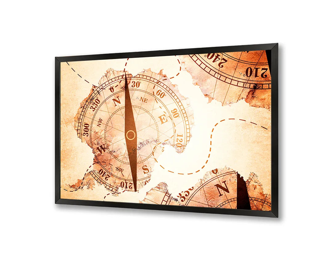 Metalen Magneetbord met afbeelding van antiek kompas met landkaart in warm sepia kleuren