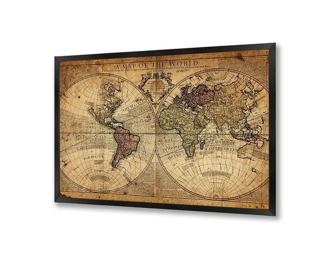 Metalen Magneetbord met afbeelding van donkere vintage wereldkaart in diep bruin kleuren