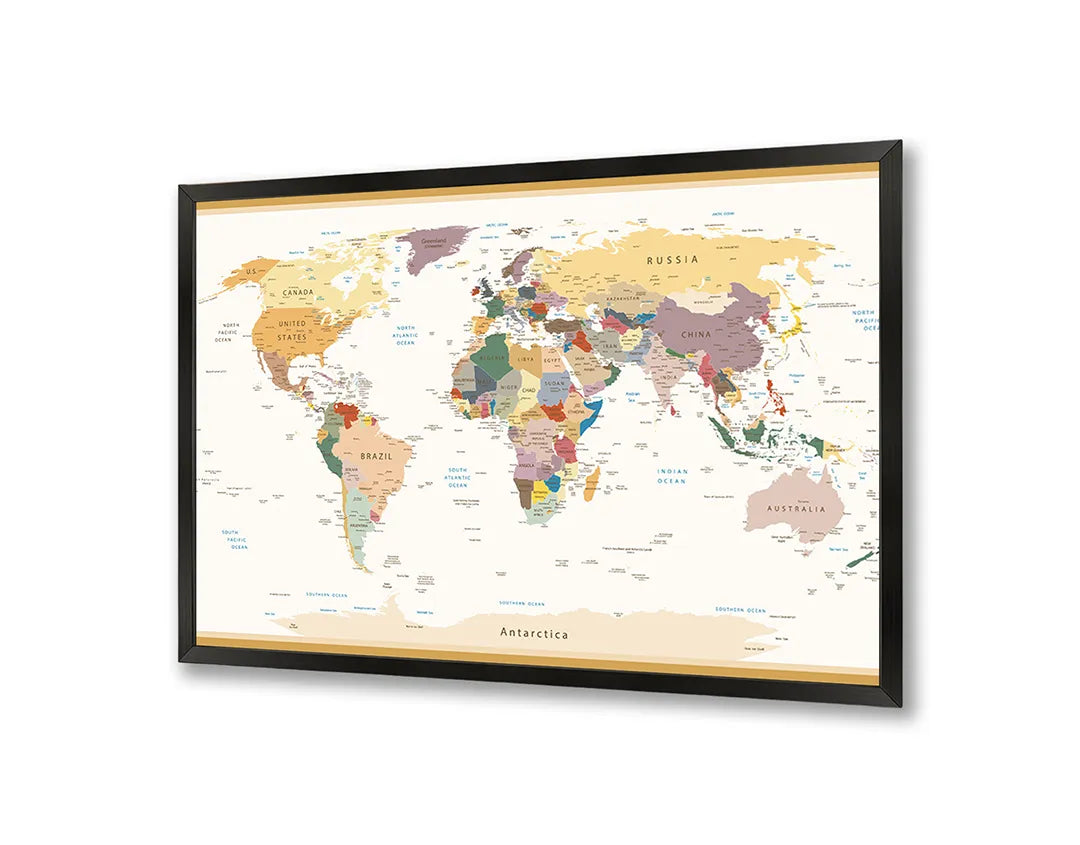 Metalen Magneetbord met afbeelding van wereldkaart met pastel landen in zachte pastelkleuren kleuren