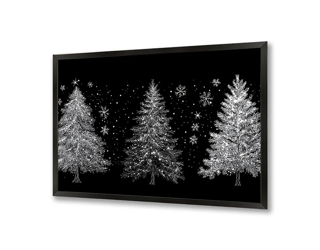 Metalen Magneetbord met hoogwaardige afbeelding van Drie witte kerstbomen zwart voor aan de muur