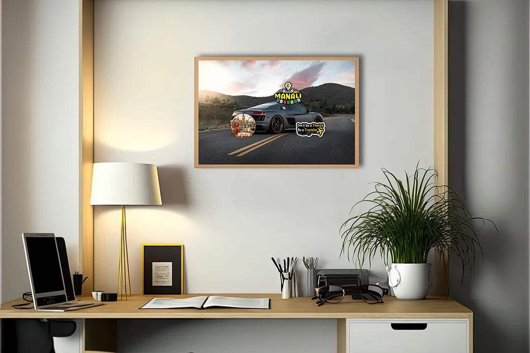 Metalen Magneetbord met print van Sportauto op bergweg perfect als decoratie