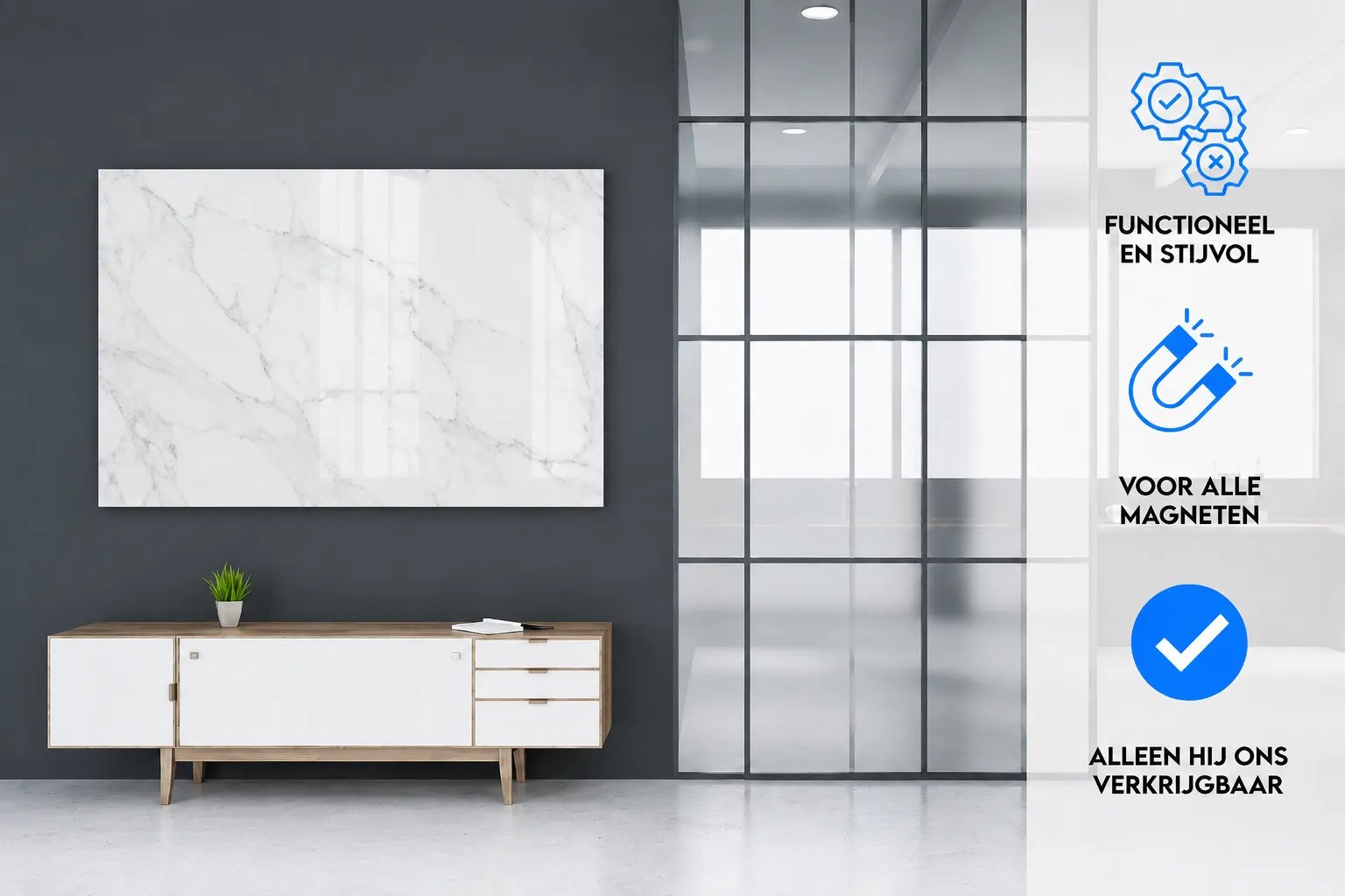 Mydesignglas Metalen Magneetborden - Whiteboard - Zonder lijst - Elk Type Magneet - Wit Marmer - Direct Leverbaar