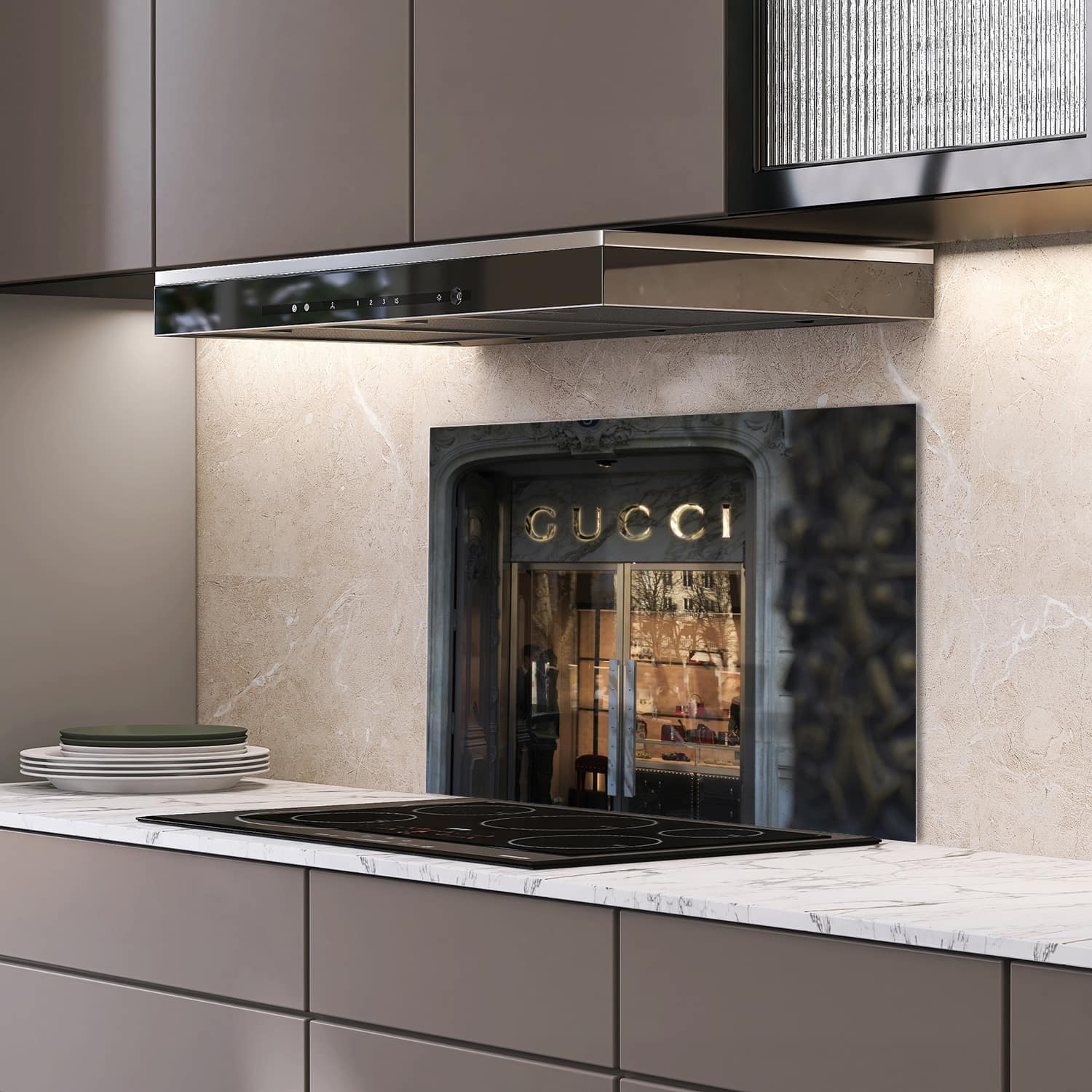 Eigen afmeting spatscherm-op-maat Keuken - Hittebestendig gehard glas - Gucci Winkel