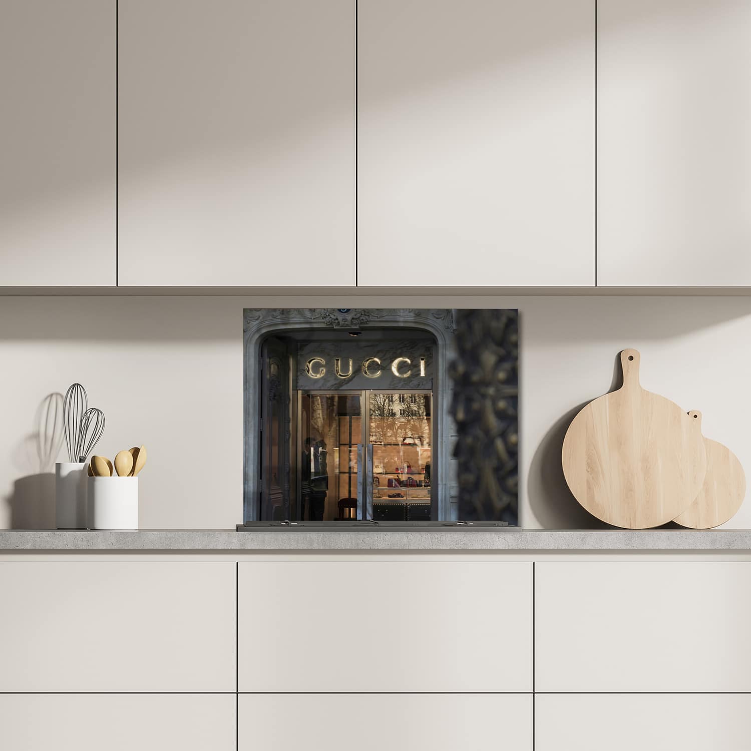 Eigen afmeting spatscherm-op-maat Keuken - Hittebestendig gehard glas - Gucci Winkel
