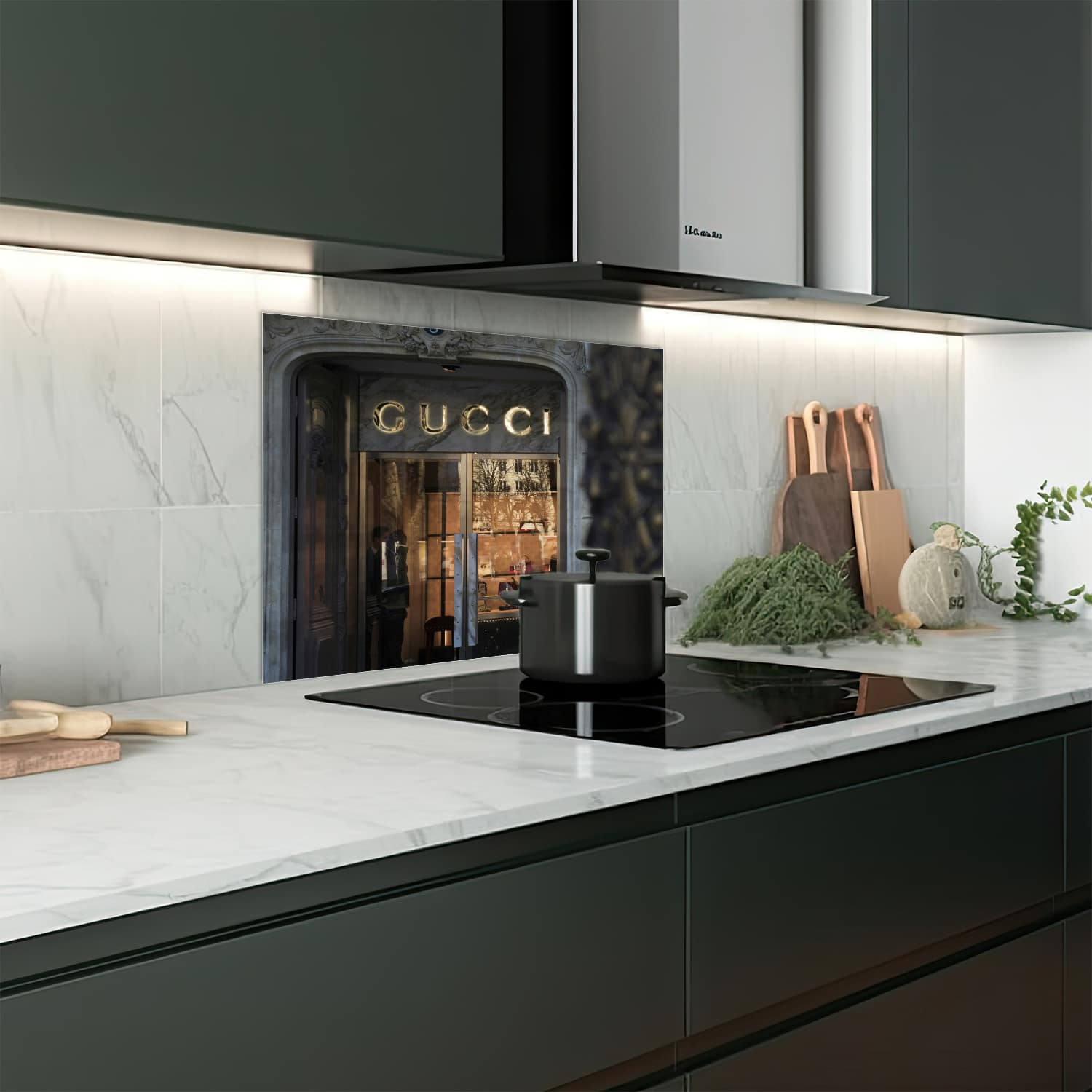 Eigen afmeting spatscherm-op-maat Keuken - Hittebestendig gehard glas - Gucci Winkel